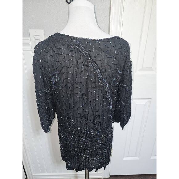 MARK & JOHN BY GOPAL Women Top Size Medium Black w/Beads & Sequins Silk 100% - Picture 6 of 8